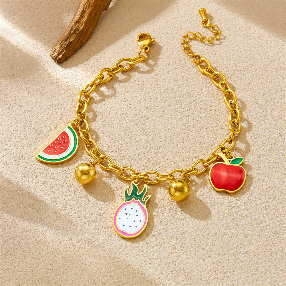 Cute Cartoon Fruit Oil Drop Accessories Dragon Fruit Watermelon Apple Pendant Chain Stainless Steel Bracelet Crystal