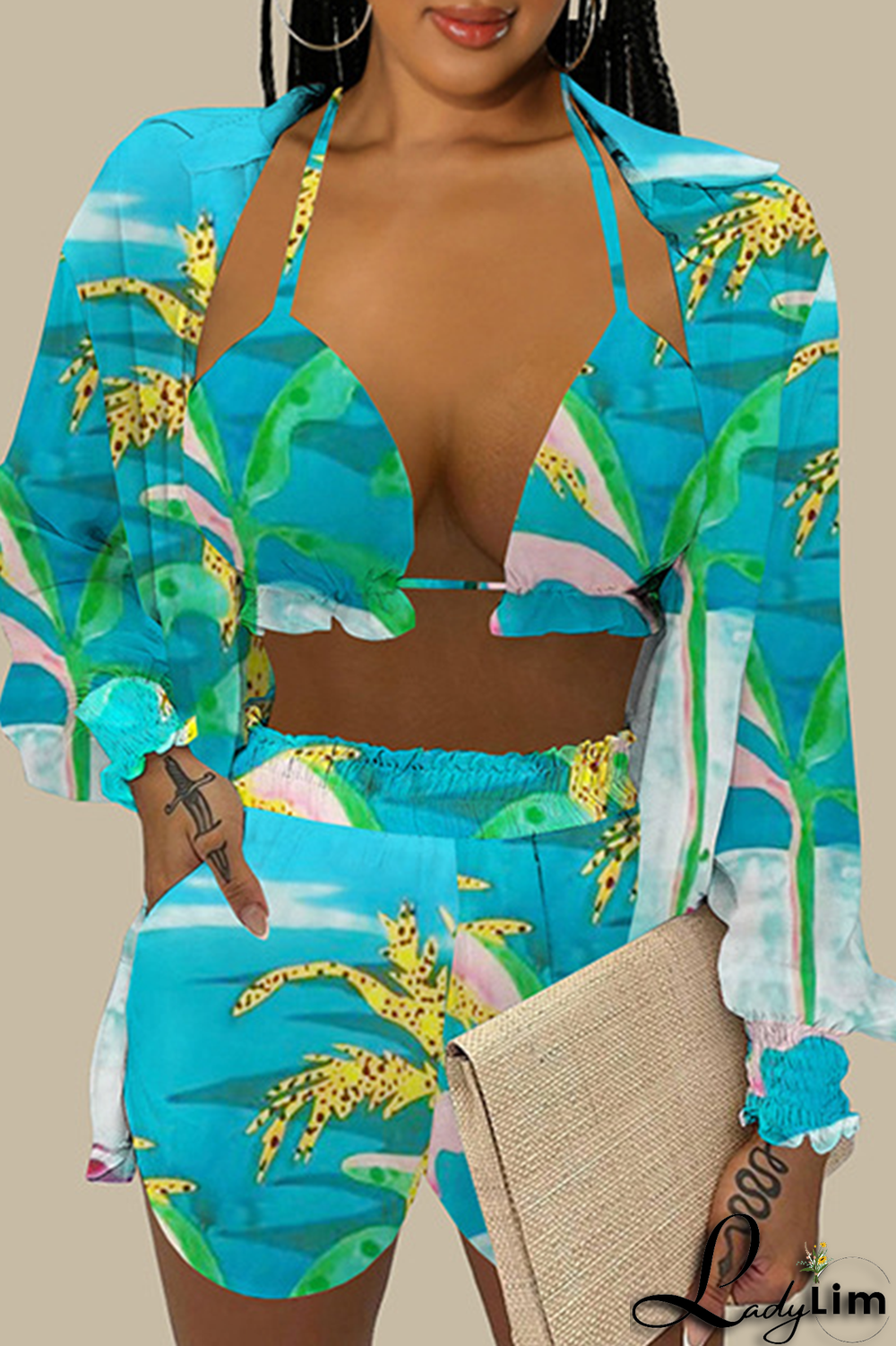 Sky Blue Casual Print Patchwork Halter Long Sleeve Three Pieces