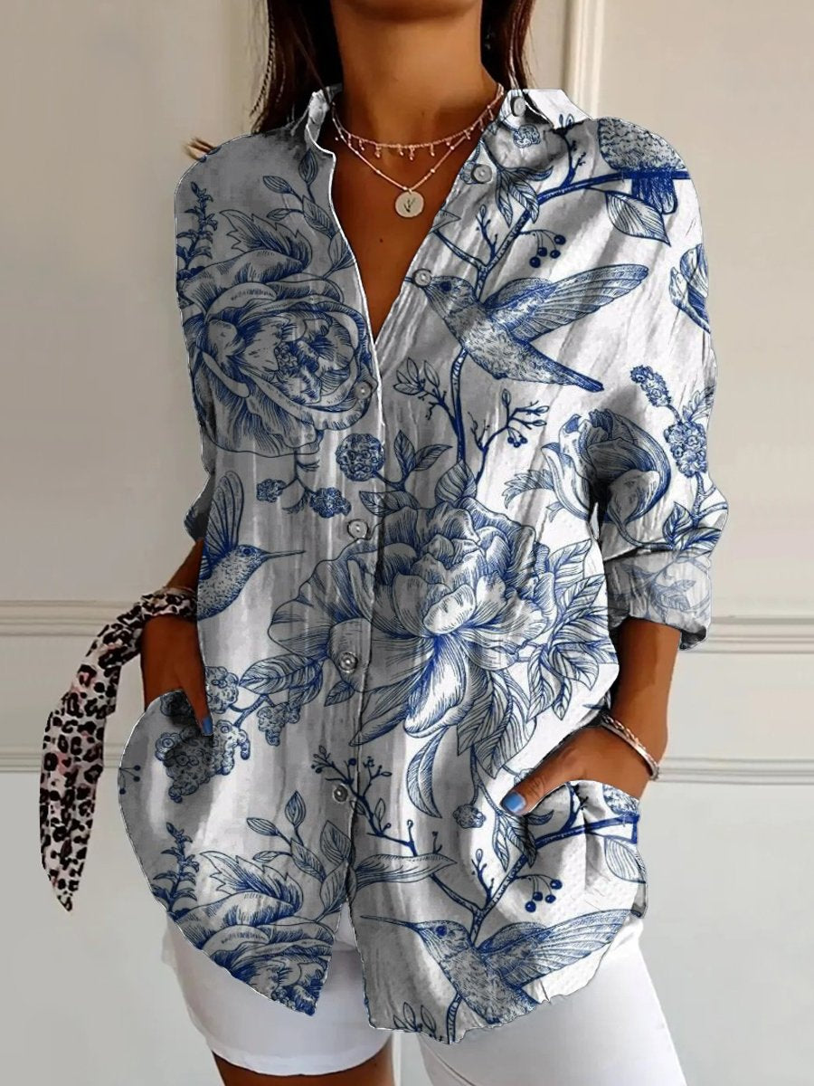 Vintage Hand Drawn Floral Plants and Birds Decorative Pattern Casual Cotton Shirt