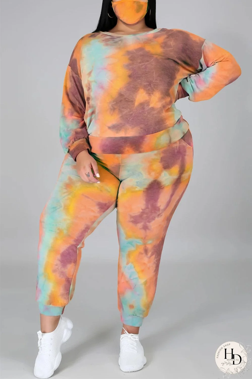 Dark Blue Fashion Casual Print Tie Dye Tie-dye Backless O Neck Plus Size Set