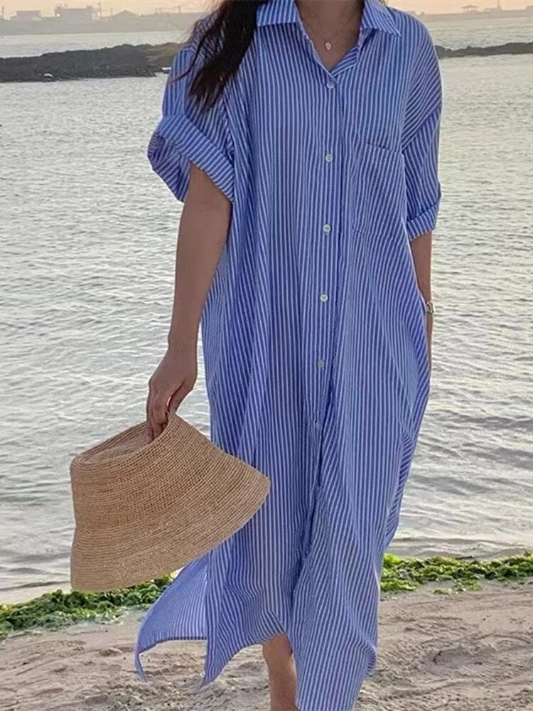 Colorfaith New 2022 Striped Shirt Dress Pockets Women Spring Summer Korean Fashion Oversized Vintage Lady Long Dresses DR3385