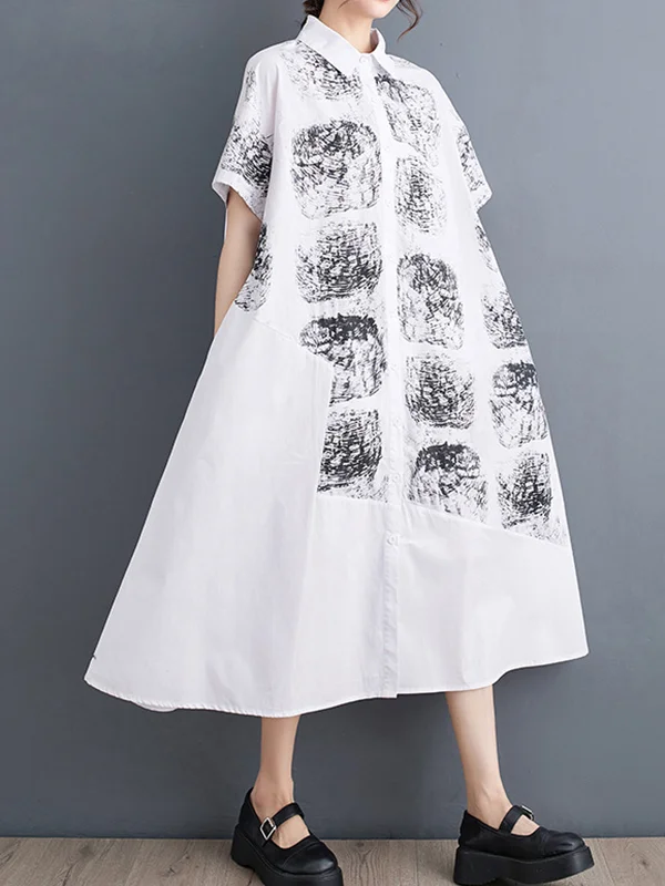 Loose Short Sleeves Abstract Printed Lapel Midi Dresses Shirt Dress