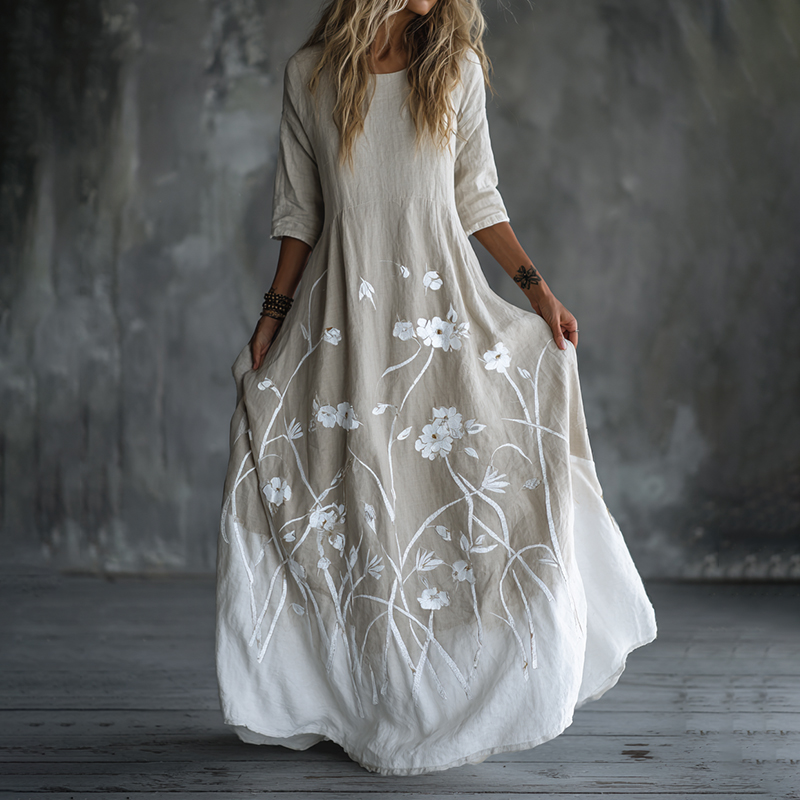 Comstylish Women's Retro Floral Art Linen Blend Long-sleeved Dress