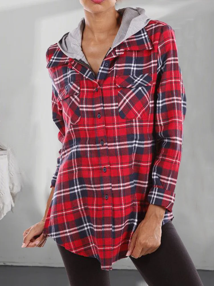 Hooded Grid Casual Shirts & Tops