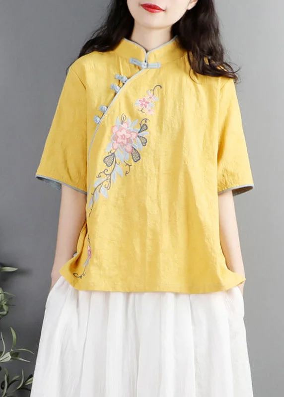 Chinese Style Yellow Embroideried Cotton Shirt Tops Summer