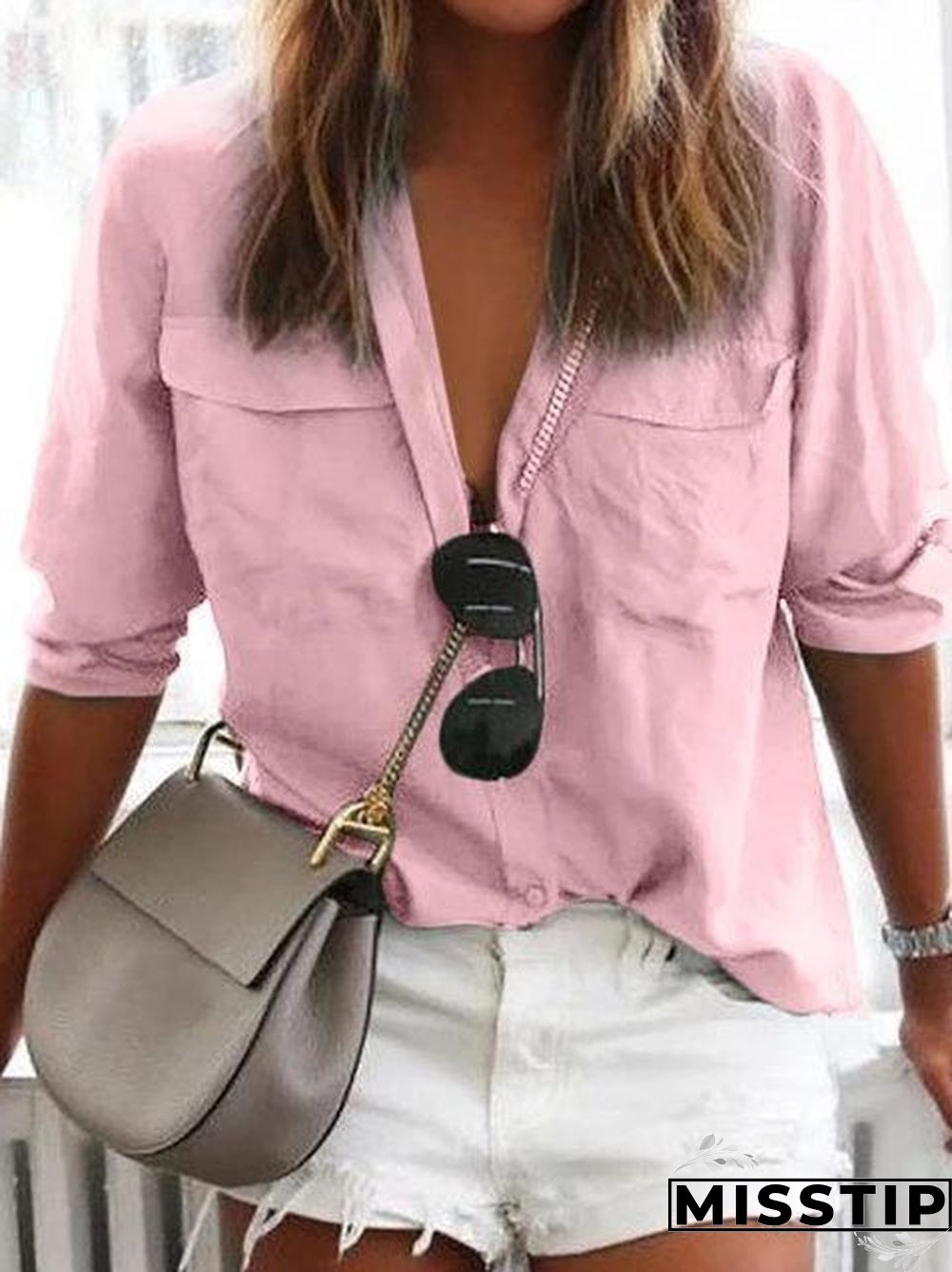 Solid Long Sleeve Shirt Collar Pockets Casual Plus Size Shirts