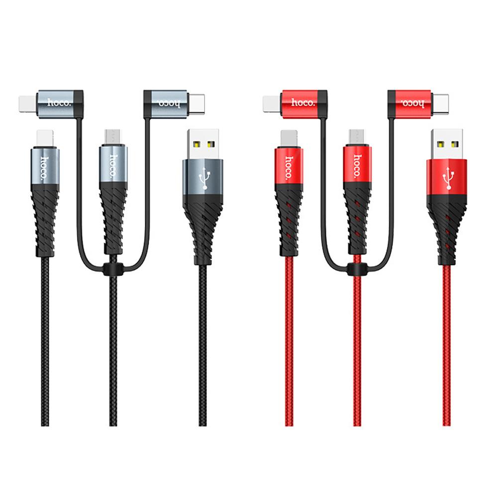 

HOCO X38 4 in1 Charging Cable USB to Dual 8 Pin Micro USB Type C for Phone, Black, 501 Original