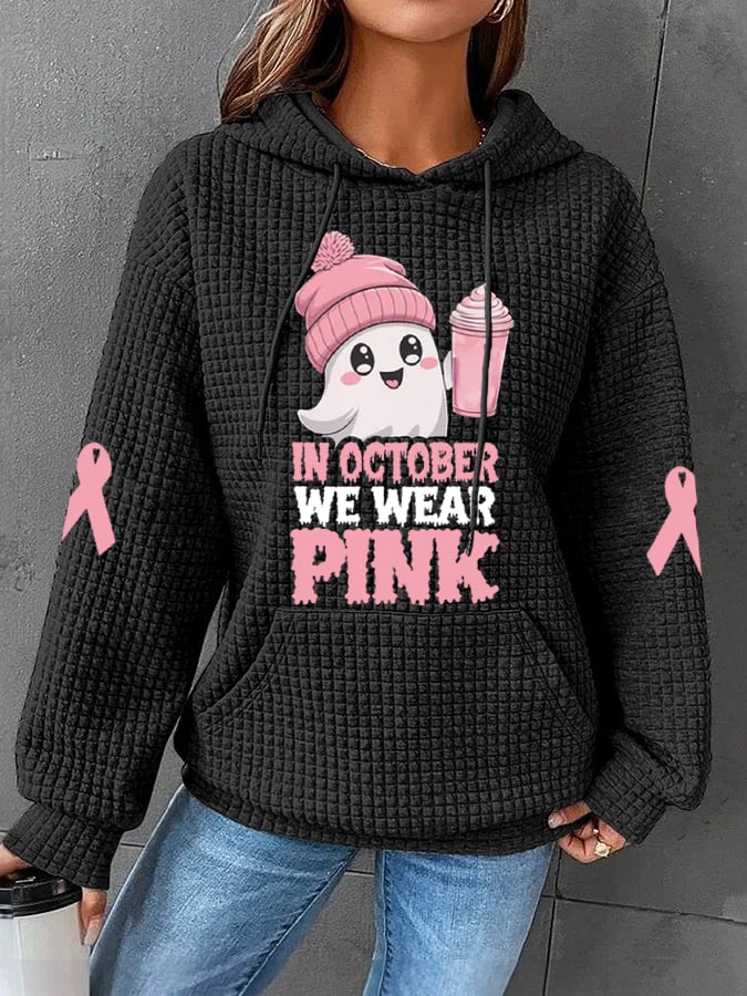 Women's In October We Wear Pink Halloween Ghost Breast Cancer Awareness Warrior Waffle Hoodie