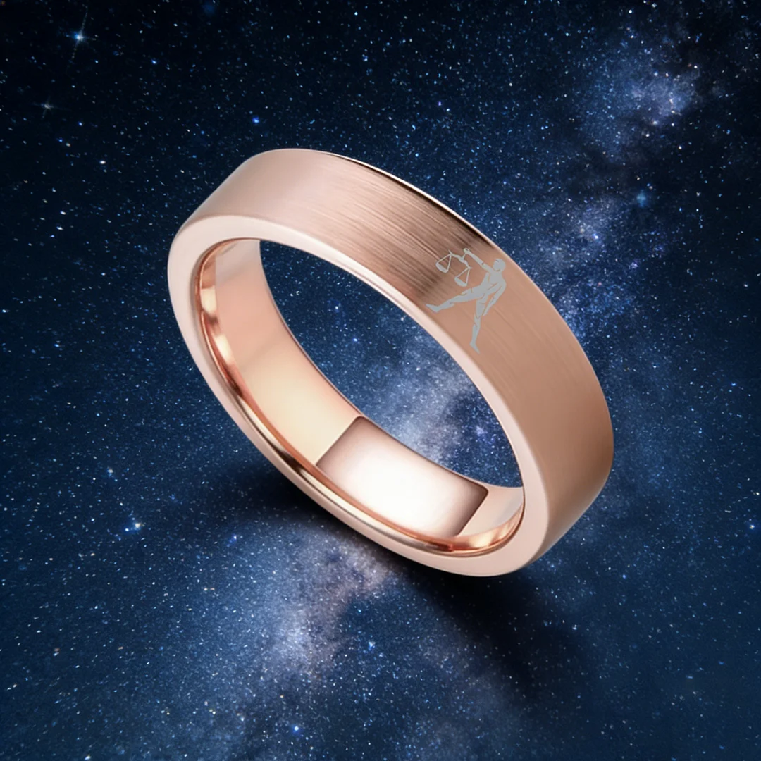 Mens Womens Rose Gold Libra Tungsten Carbide Rings Couple Wedding Band Flat Top Comfort Fit 4MM 6MM 8MM