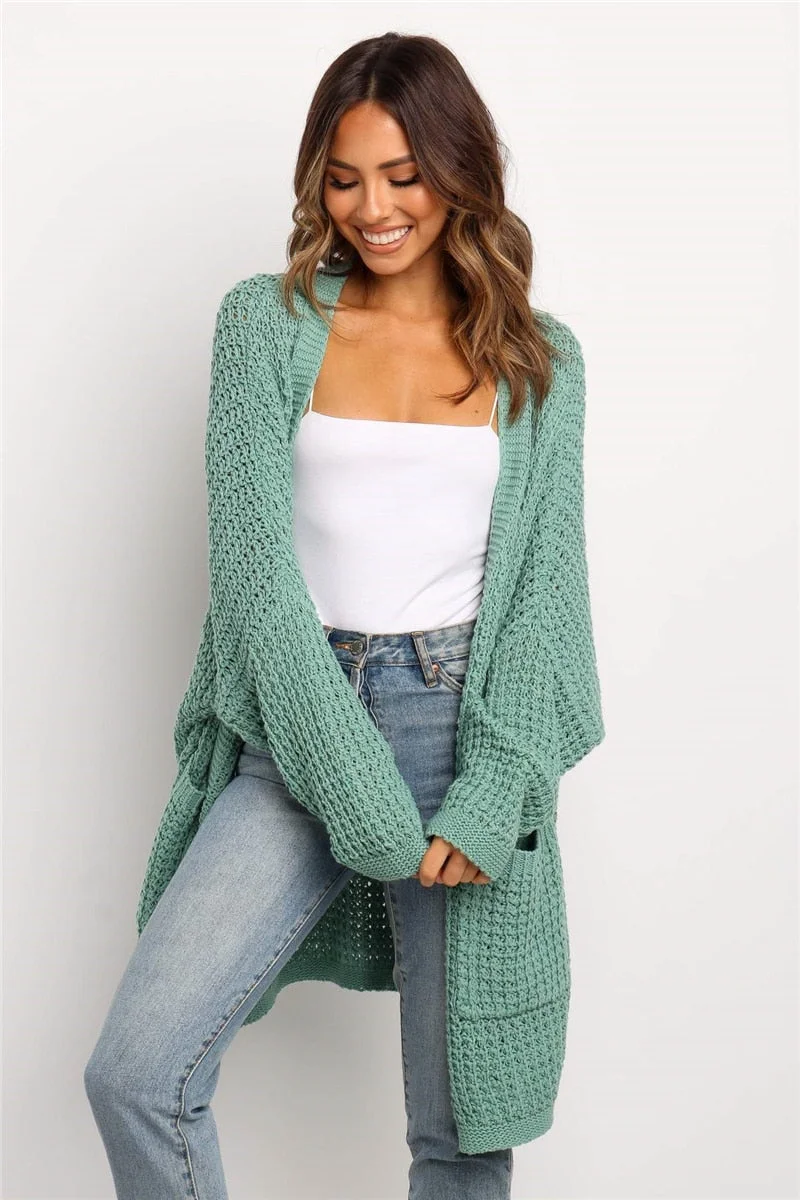 Fitshinling Oversize Knitted Long Cardigan For Women Pockets Slim Solid Winter Coat Jacket Female Long Sleeve Sweaters Cardigans