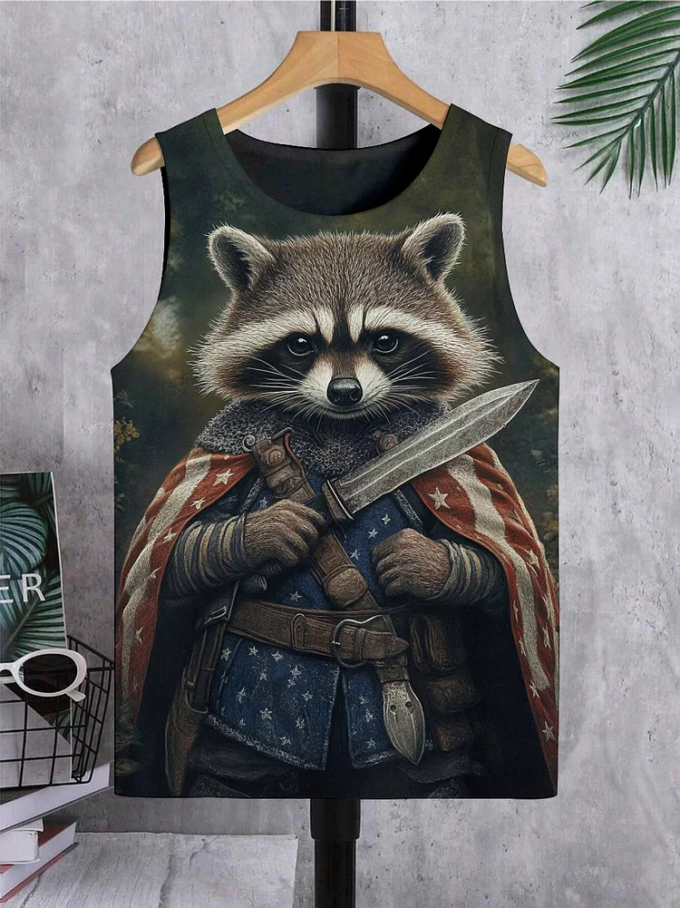 Men's Raccoon Warrior Cape With American Flag Print Tank Top