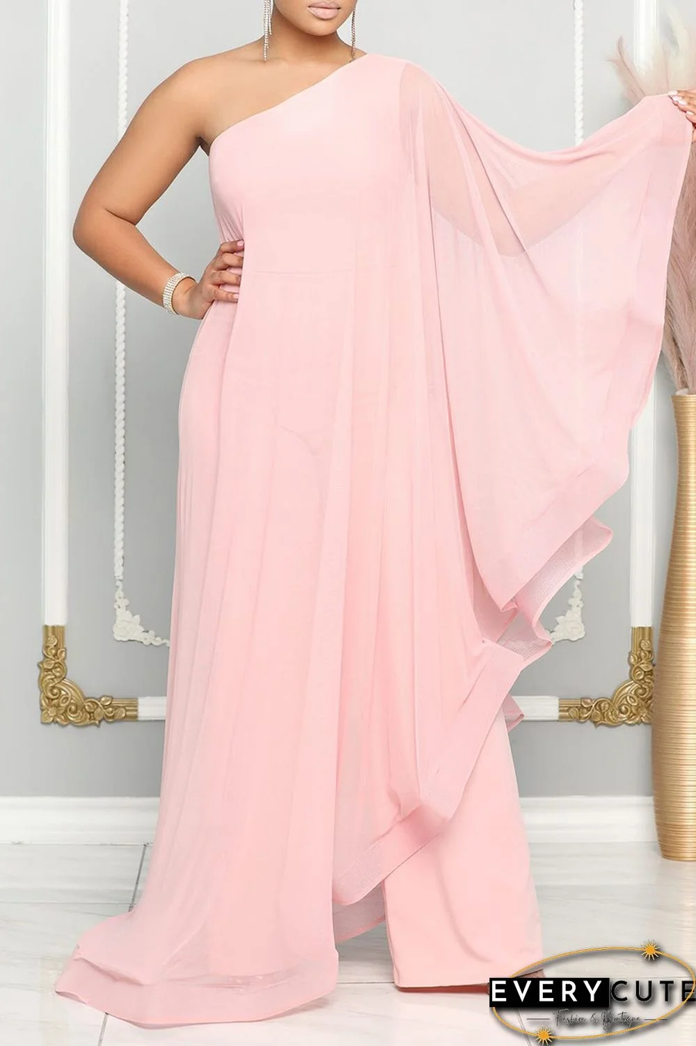 Blue Casual Daily Elegant Patchwork Solid Color One Shoulder Regular Jumpsuits