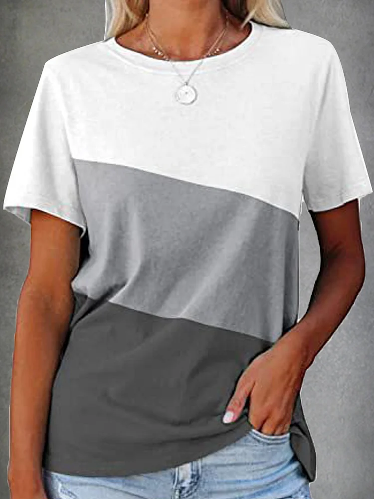 Round Neck Casual Loose Contrast Panel Short Sleeve T-shirt