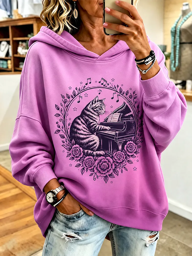 Comstylish Women's Casual Pullover Hoodie Featuring Cat Playing Piano With Roses And Music Notes