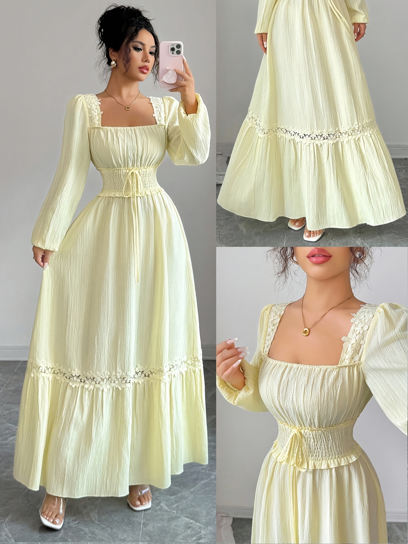 [Elegant French Maxi Dress] Elegant French-Inspired Women's Cream Yellow A-Line Maxi Dress | Square Neck & Puff Sleeves, Lace Trim Formal Party Wedding Guest Dress, Machine Washable Long Formal Evening Gown