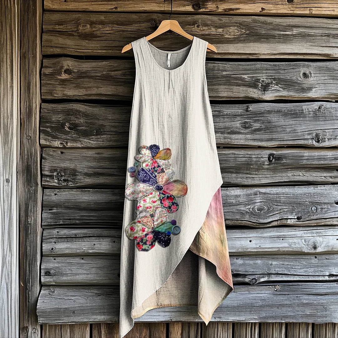 Women's Retro Floral Patchwork Irregular Design Sleeveless Dress