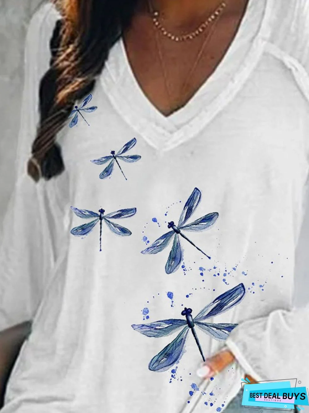 Dragonfly Raglan Sleeve Loose V Neck Cotton-Blend Tunic T-Shirt