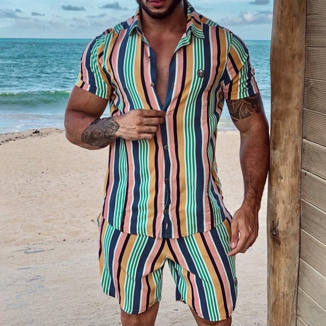 Men's Seaside Beach Stripe Print Suit Summer Casual Short Sleeve Shirt Shorts、、URBENIE