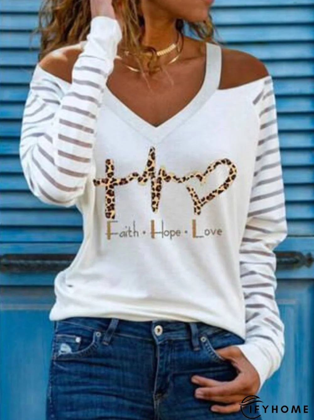 Casual V Neck Long Sleeve Geometric T-shirt | IFYHOME