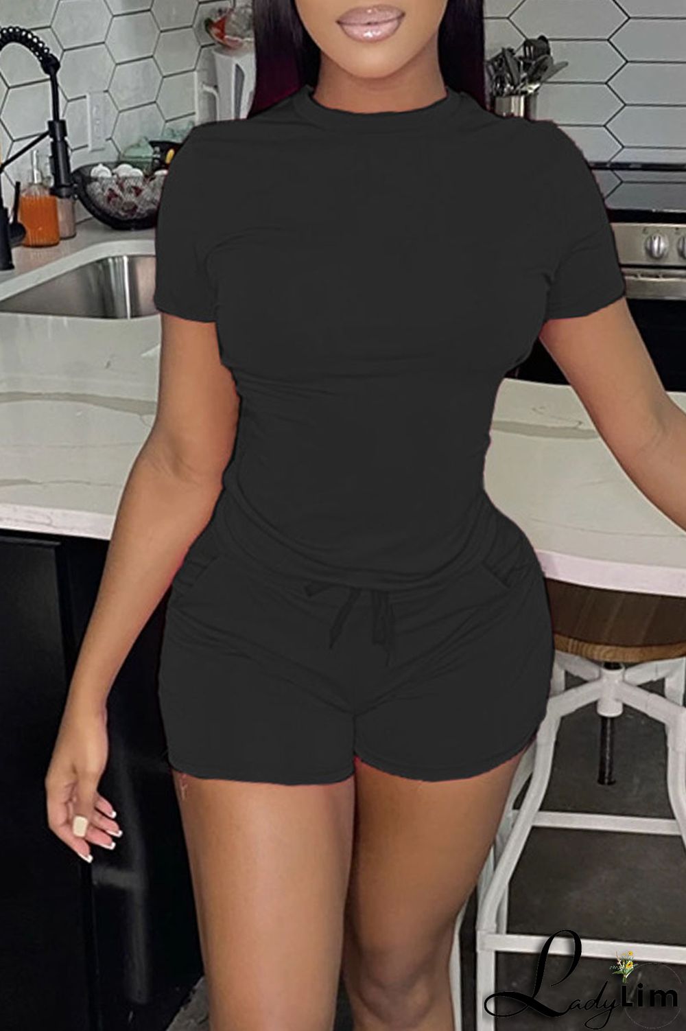 Green Casual Solid Patchwork O Neck Short Sleeve Two Pieces