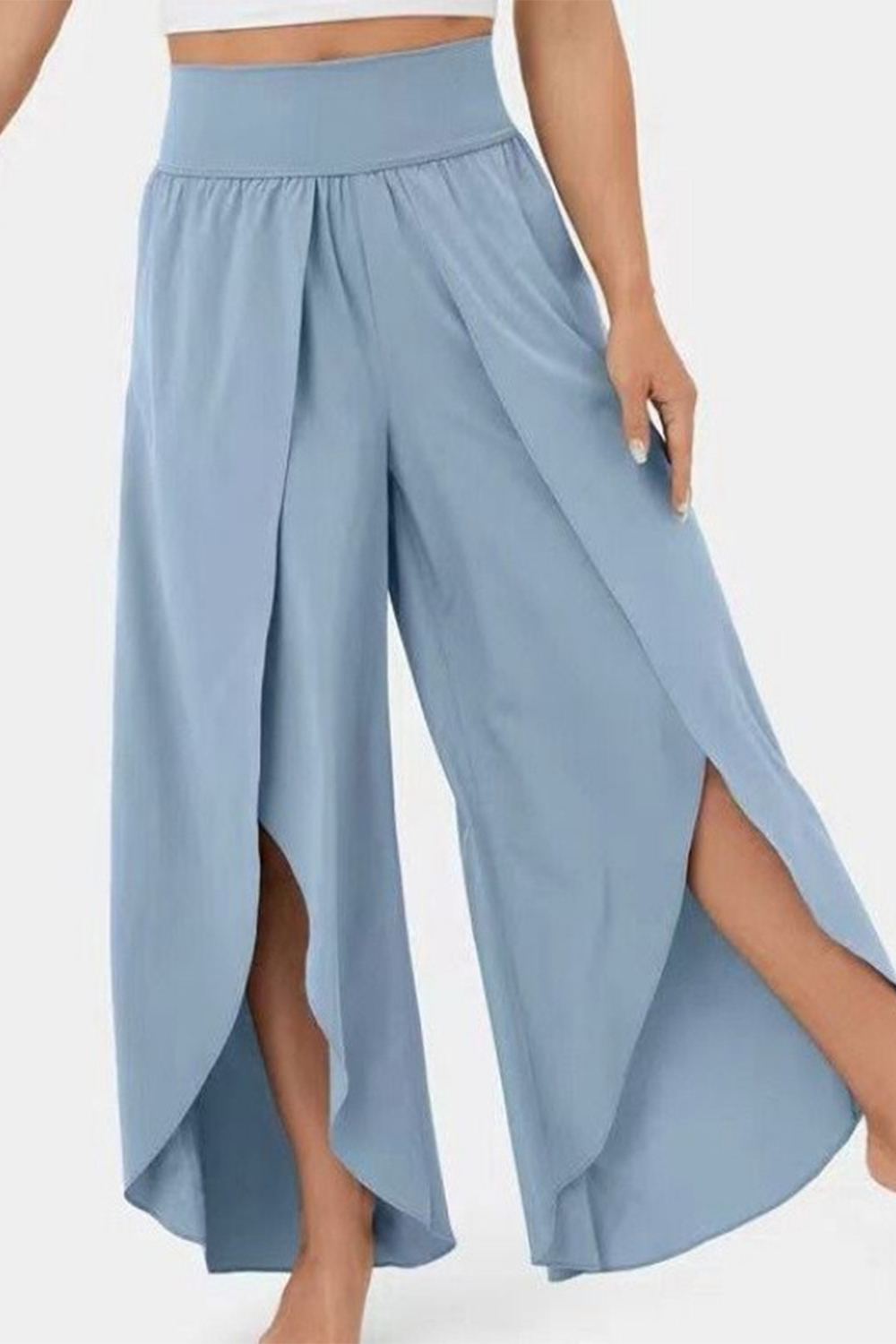 Plus Size Casual Sky Blue Elastic Waist Wrap Front Slit Wide Leg Pants 2024 - Flycurvy 