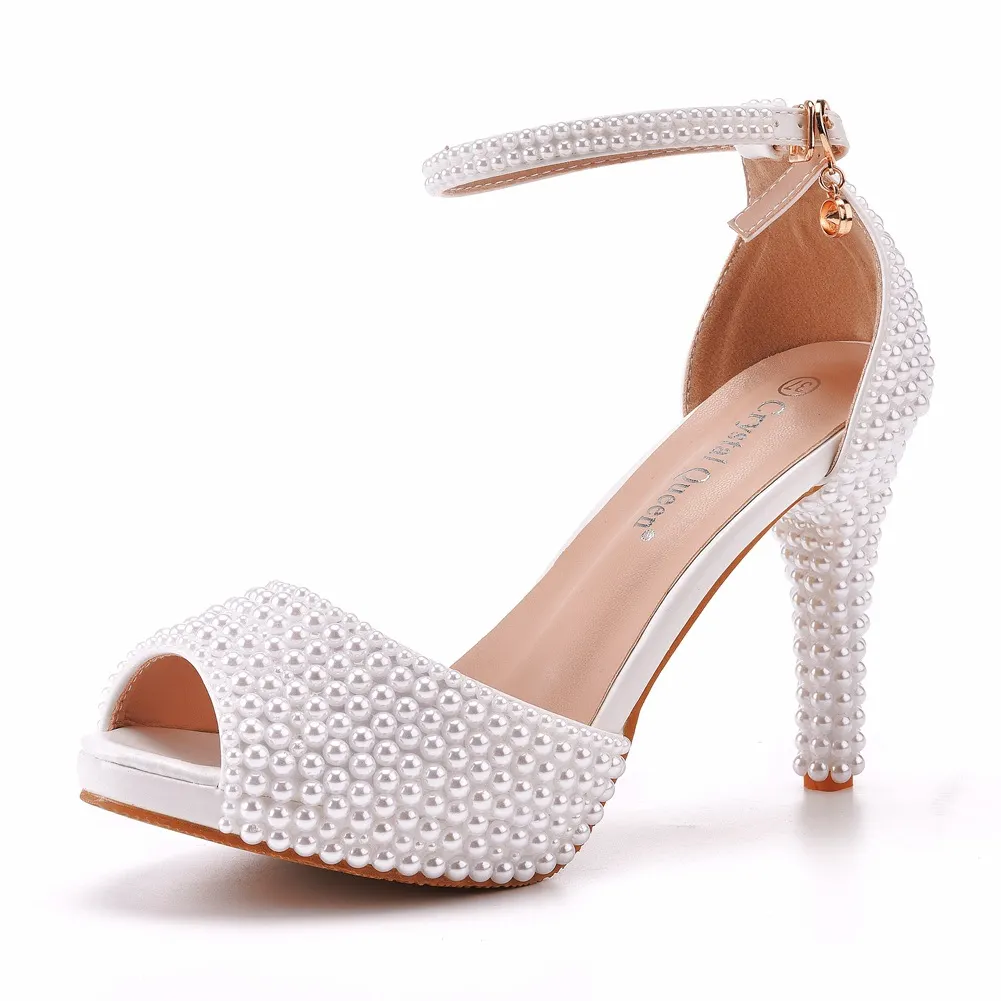 Breakj Breakj Fish Mouth High-Heeled Sandals Waterproof Table Sandals Fine Heel Pearl Beads Wedding Shoes Wedding Heels