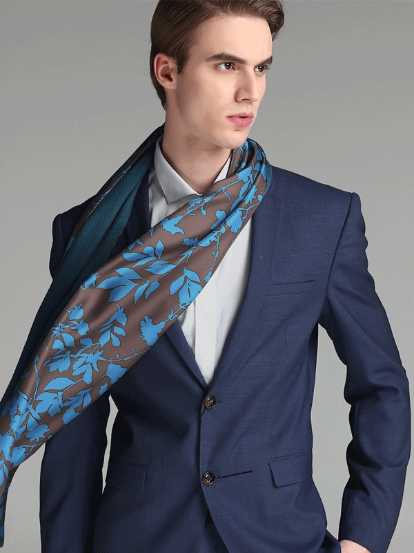 Echarpe en soie avec laine imprimé floral bleu clair et marron1033161081 homme 30*180-Soie Plus