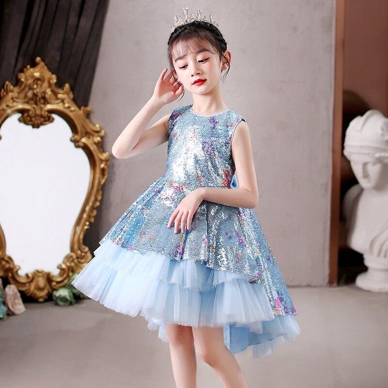 Kids Dress For 4-12 Girls Sequined Cake Skirt Wedding Party Tailing Elegant Princess Sleeveless Children’s Dresses