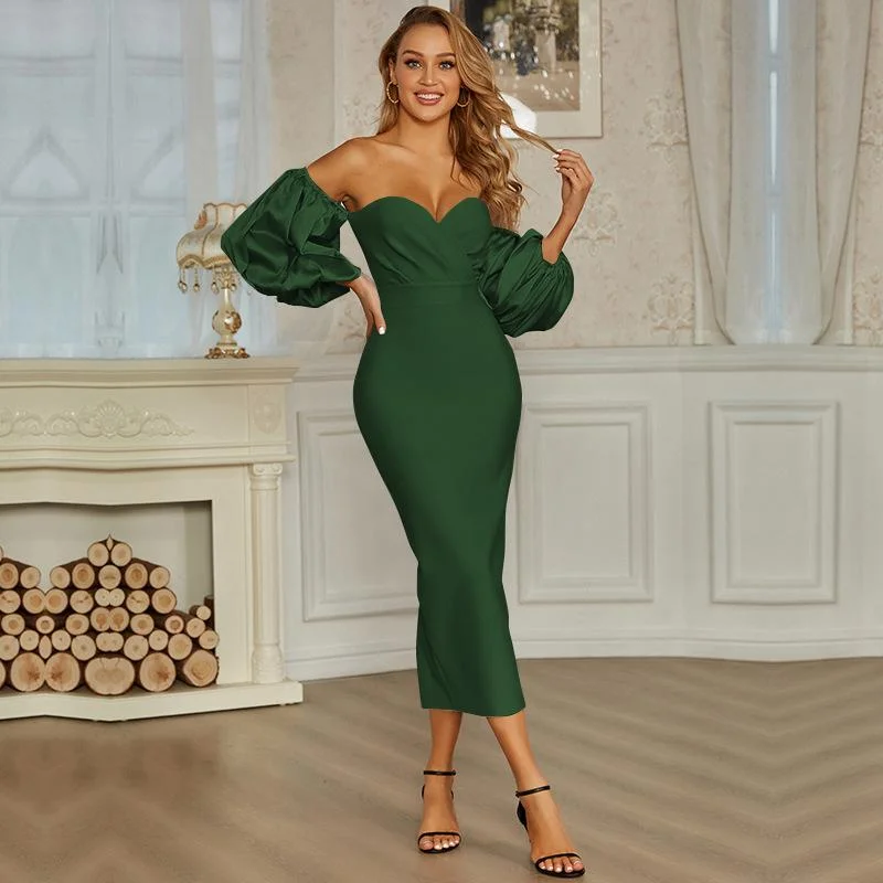 Fashion pile of sleeves banquet bandage long dress