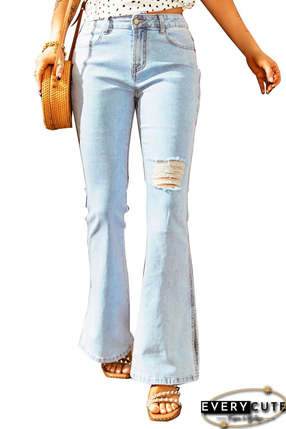 Sky Blue Black Ripped Slit Legs Flare Jeans
