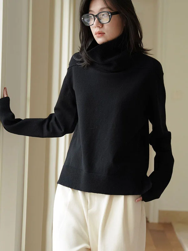 Minimalist Roomy Long Sleeves Pure Color High-Neck Sweater Tops
