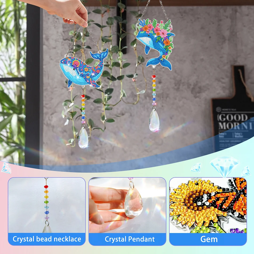 2Pcs Dolphin DIY Double-Sided Diamond Painting Hanging Kits Diamond Painting Suncatcher Craft Kit for Home Garden Wall Decor Gift