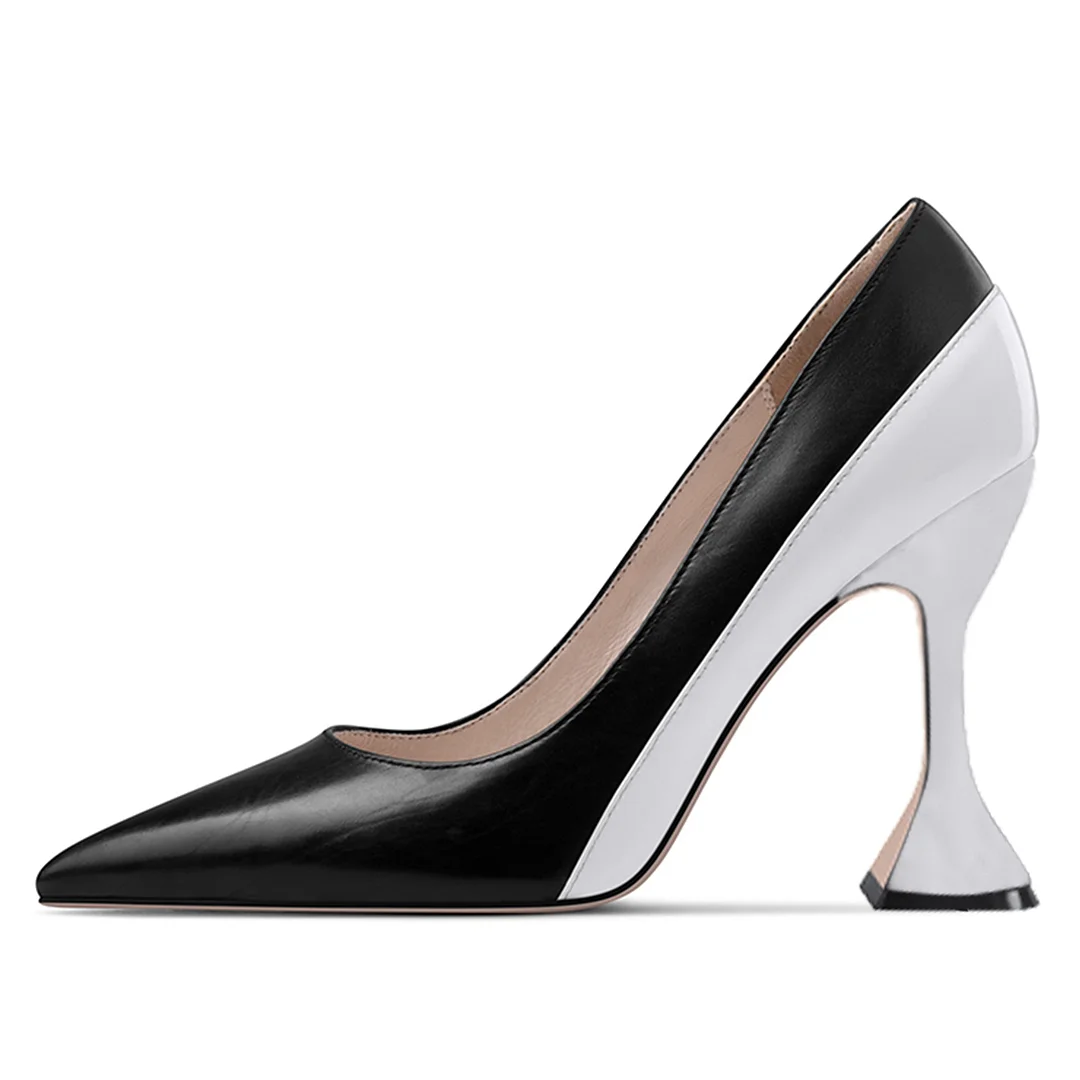 Black & White Vegan Leather Pointed Toe Classy Pumps with Flared Heel