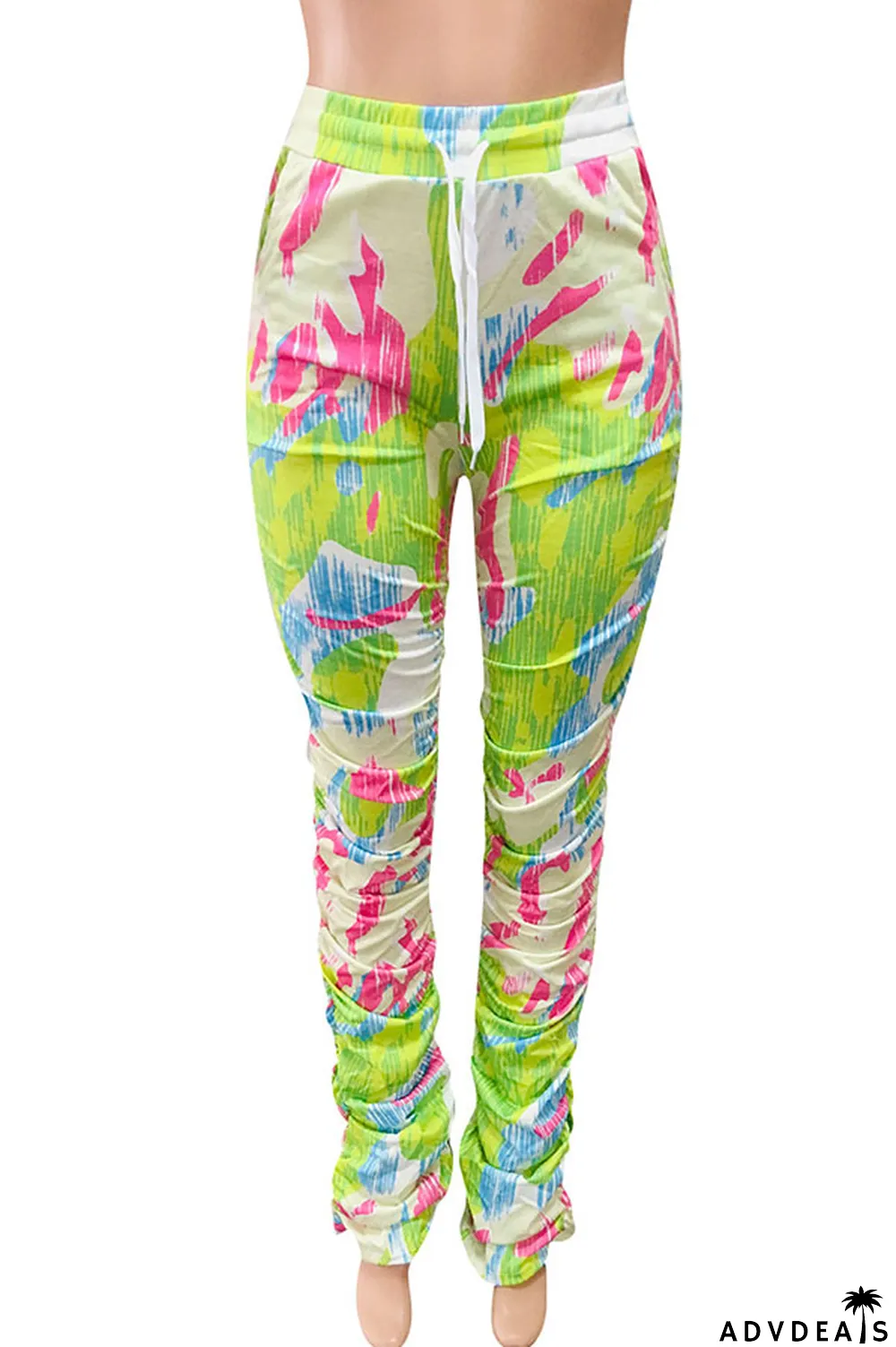 Green colour Polyester Drawstring Sleeveless High Patchwork Print bandage Draped pencil Pants Bottoms