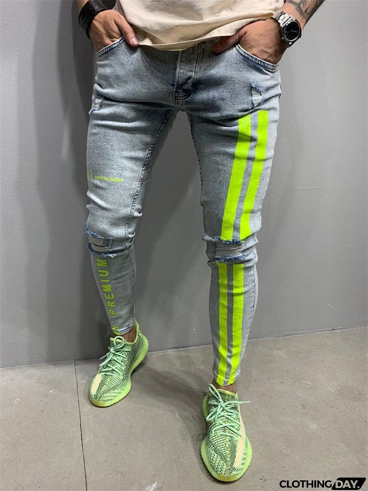 Men's Sport Slim Fit Print Ripped Jeans