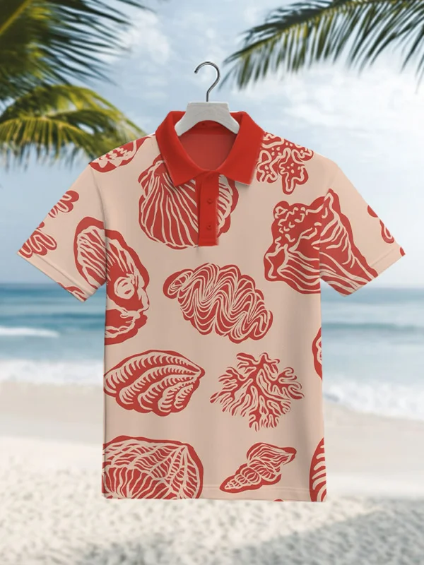 Men's Vacation Beach Shell Graphic Print Short Sleeve Polo Shirt