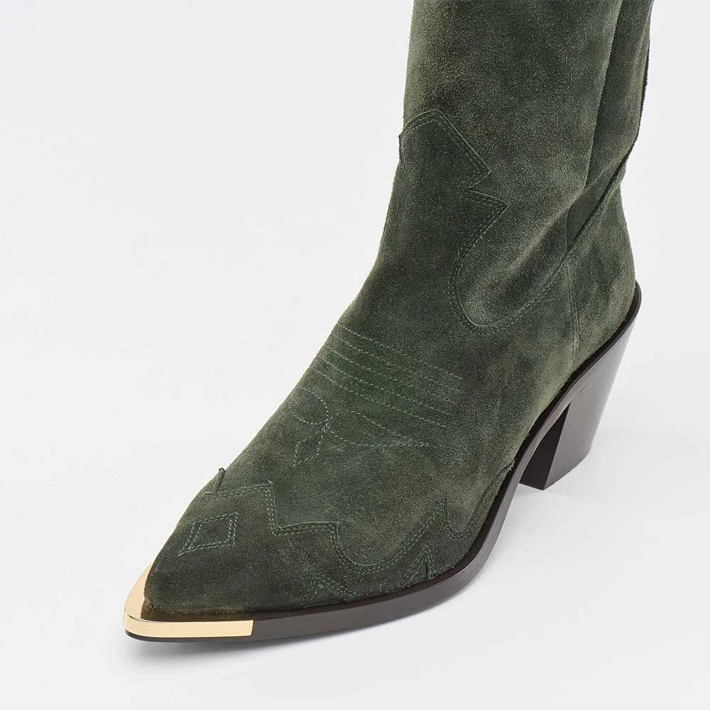 Green Mid Calf Embroidered Pointed Toe Vegan Suede Cowboy Boots