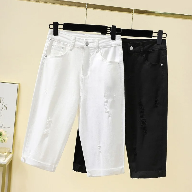 Cuffs Ripped Baggy Jeans Woman High Waist Streight Straight Denim Pants Ladies Knee Length Casual Hole Jeans Pant. Dialogues Mujer