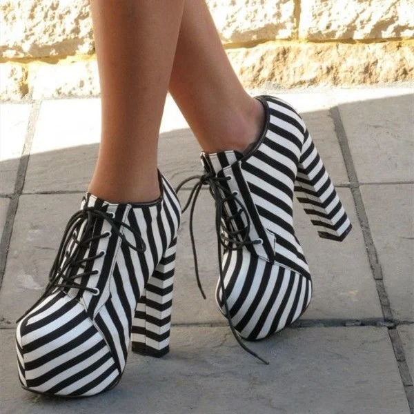 Black and White Stripes Platform Boots Chunky Heel Lace Up Ankle Boots Nicepairs