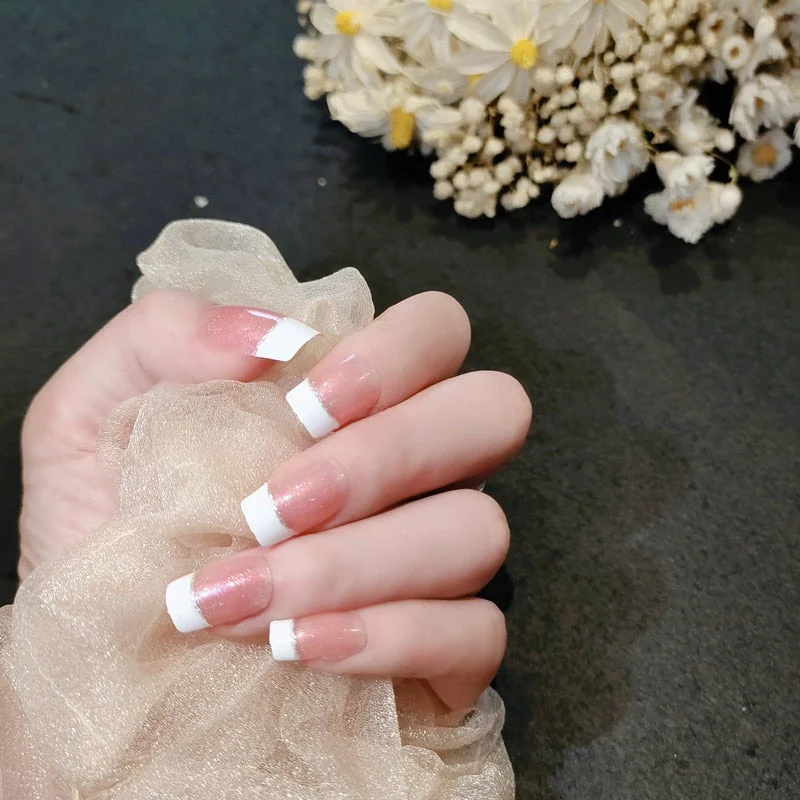 24 Pcs Lots French False Nails With Glue For women Wedding Bride Fake Nail Long Full Nail Tips artificial nails Art accessories-Nail Inspo