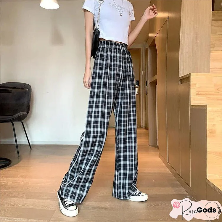Women Loose High Waist Plaid Pant Casual Wide Leg Trouser Spring Summer Retro Teens Harajuku Hip-Hop All-Match Streetwear New