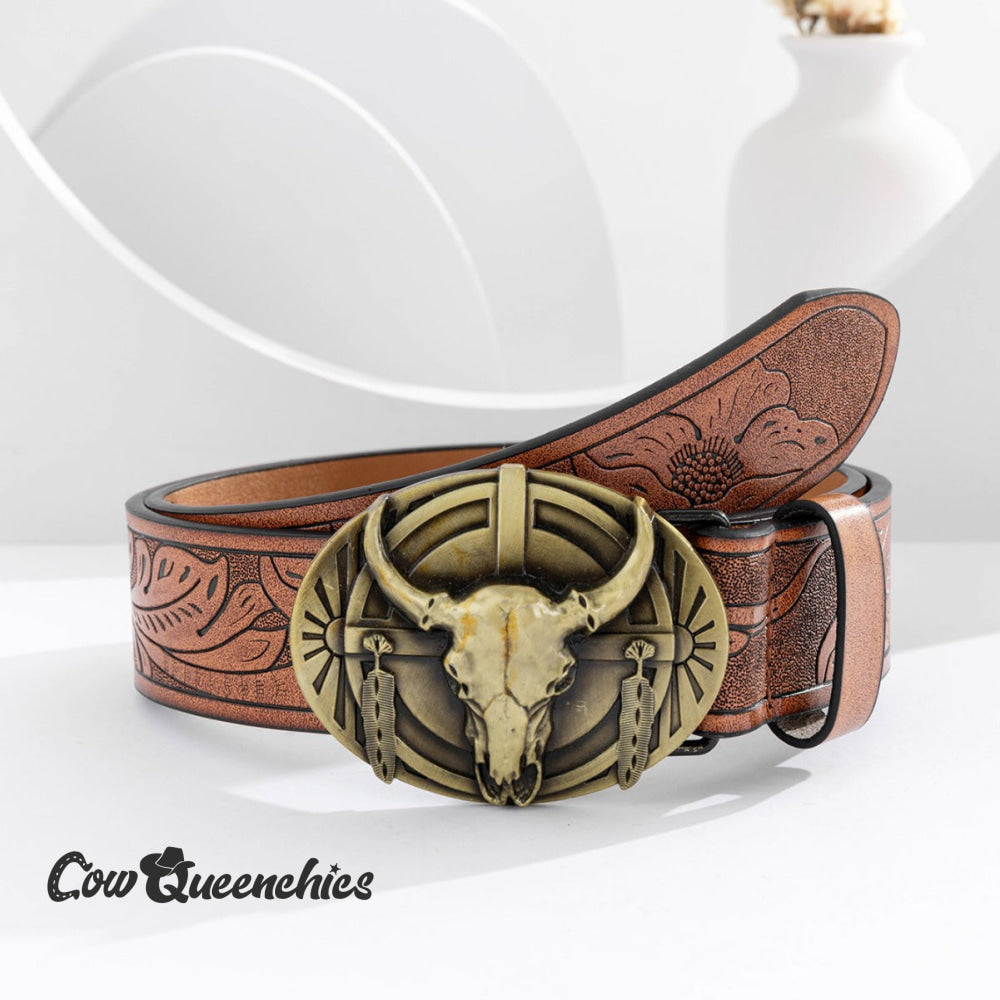 Cow Skull Leather Belts Brown / 41 in