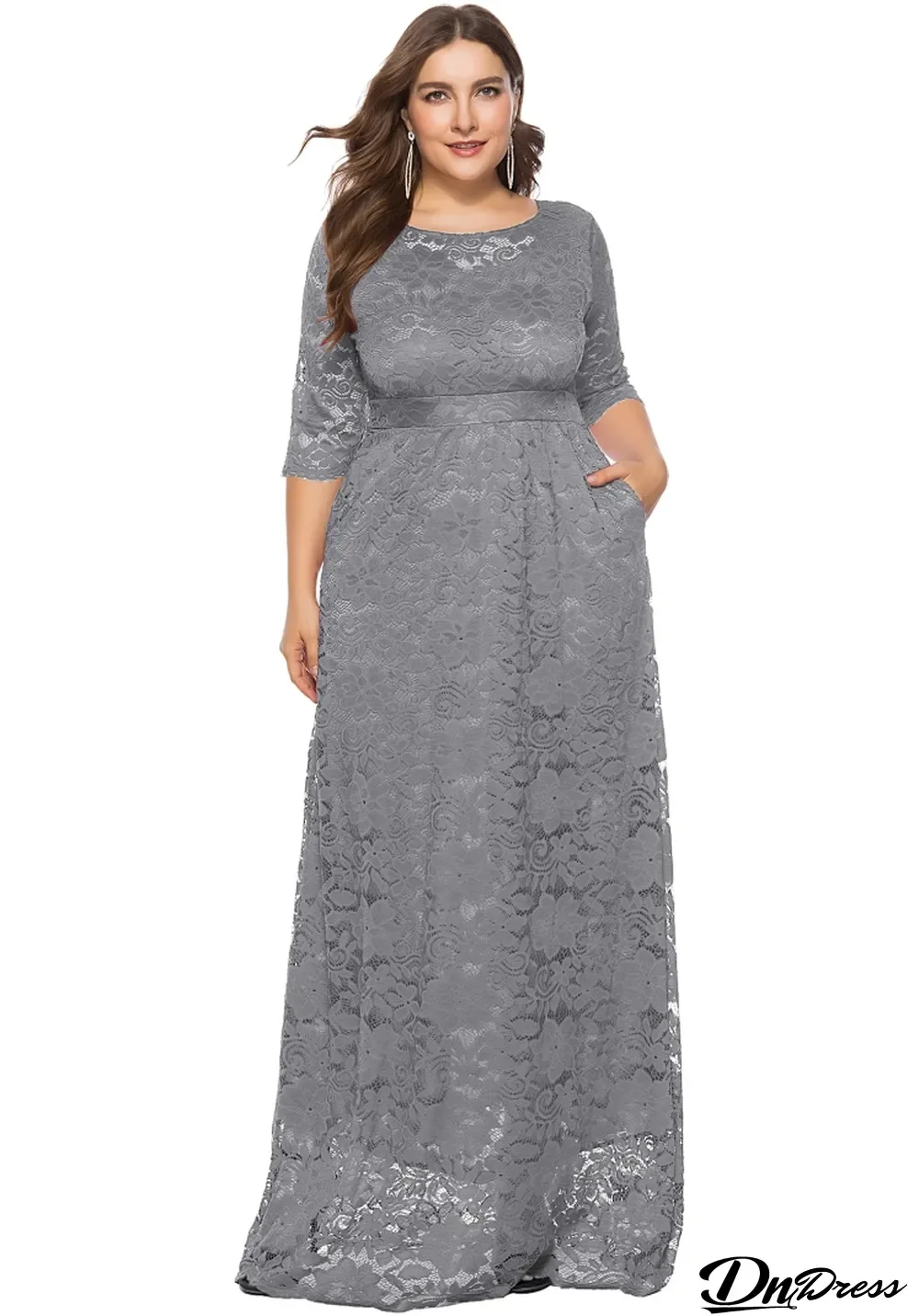 Spring Elegant Plus Size Gray Full Lace Round Neck Half Sleeve Formal Evening Dress