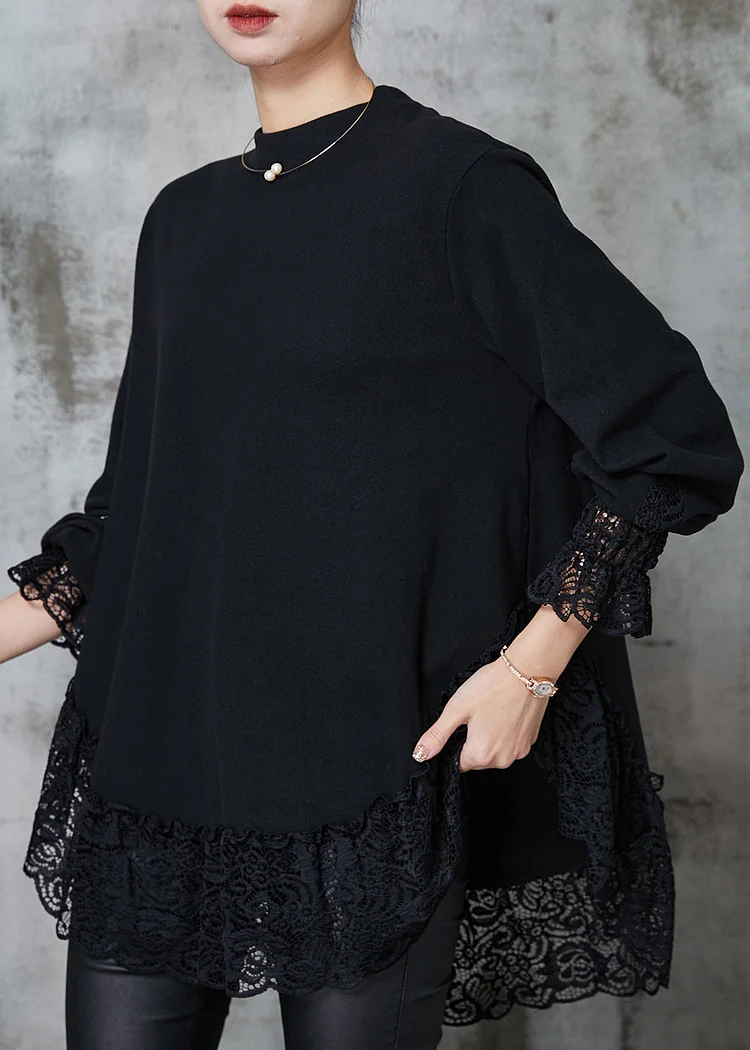 Natural Black Oversized Patchwork Lace Cotton Sweatshirts Top Spring