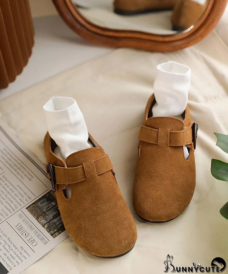 Camel Flat Feet Shoes Suede Cowhide Leather Buckle Strap Flats
