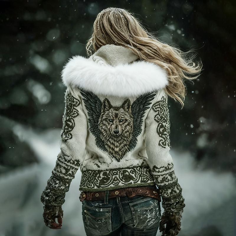 Women's Viking Celtic Wolf Art Knit Warm Hooded Sweater elevenforest