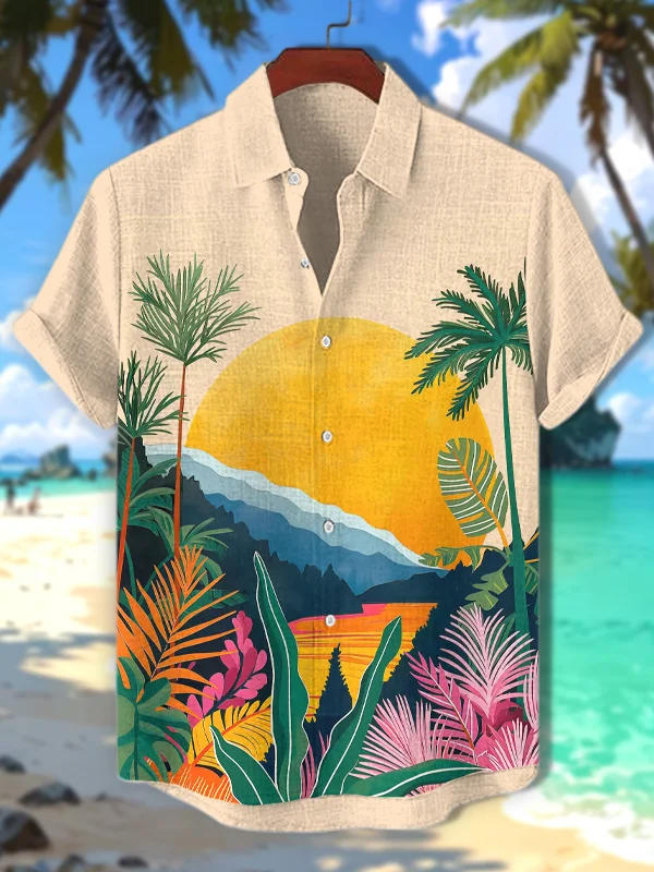 Men's Tropical Plants Sunset Print Vacation Shirt