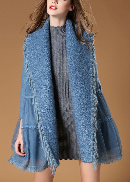 Plus Size Blue Tulle Patchwork tasseled Fall Woolen Coat CK3051- Fabulory