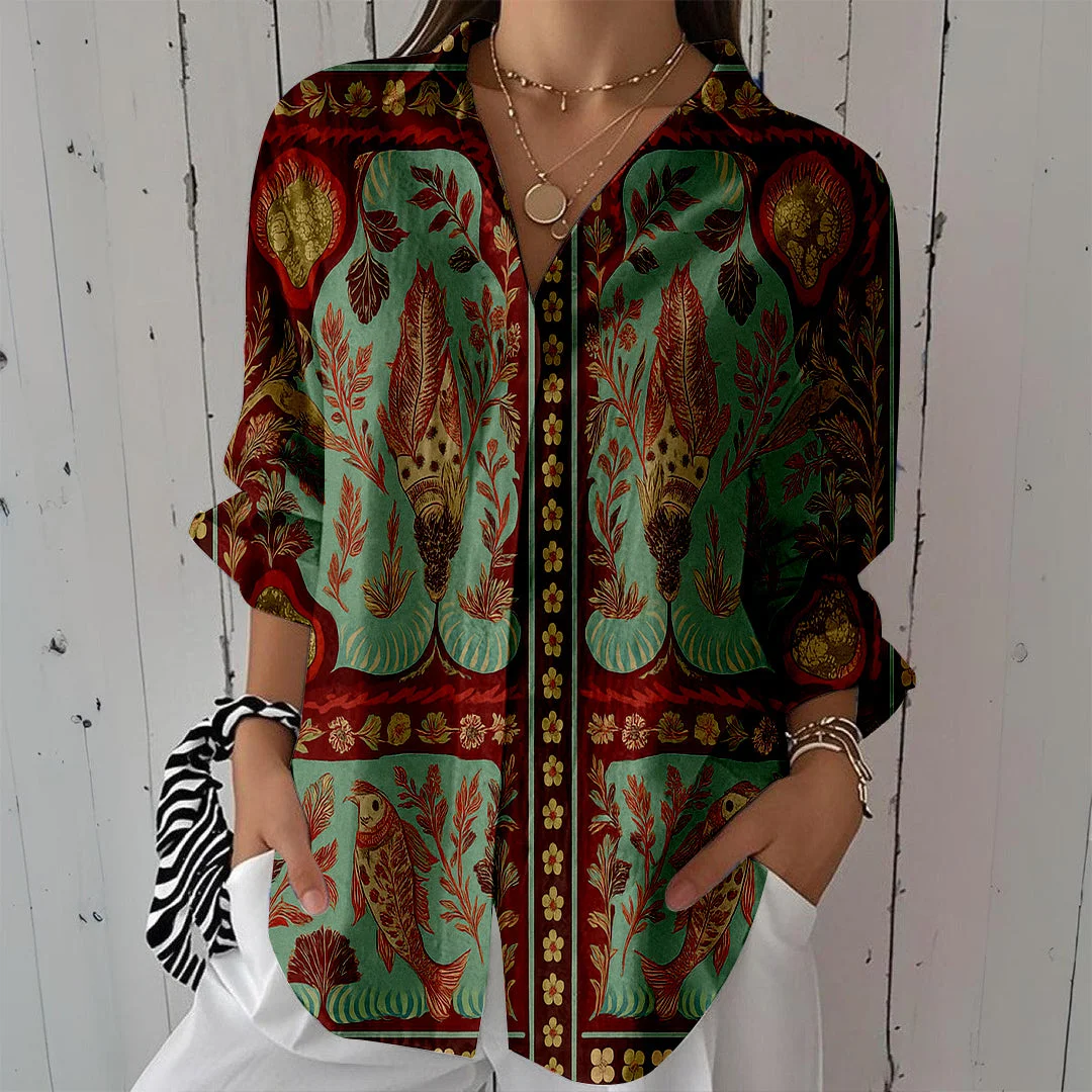 Style & Comfort for Mature Women Women Tropical, Red, Green DZCL0083 3/4 Sleeve Shirt Collar Printed Button Tops