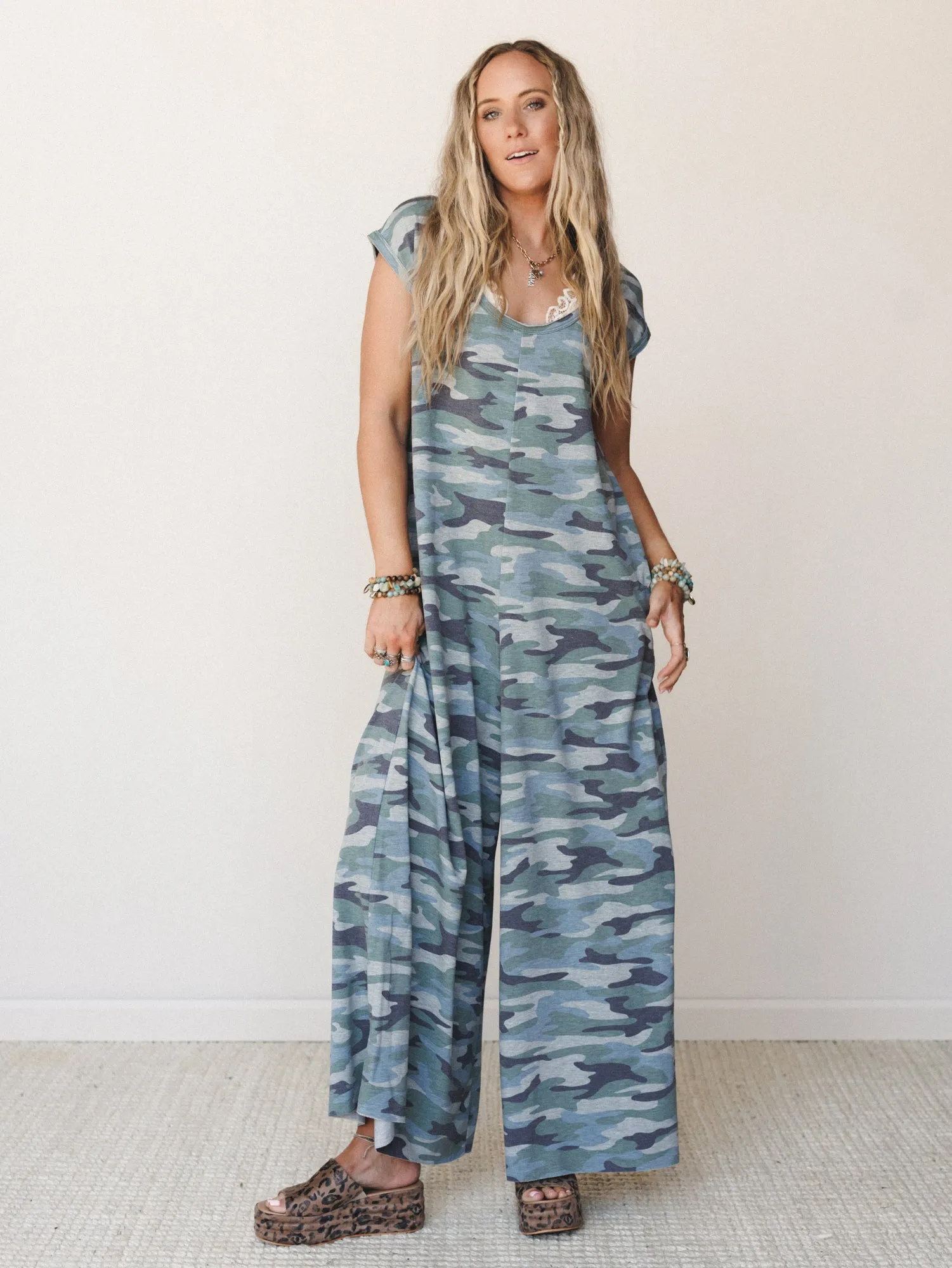The Nest Daphne Scoop Neck Jumpsuit - Army Green Charcoal Camo